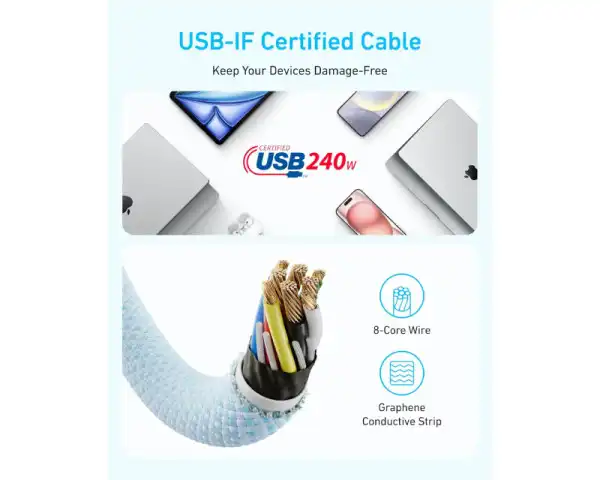 ANKER Zolo USB tip-C kabl MM 1.8m, za Apple, super brzo punjenje 240W480Mbps, pleteni, crni
