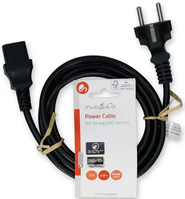 CEGL10030BK20, Kabl za napajanje, Utika? sa uzemljenjem muški, IEC-320-C13, Niklovani, 2,00 m, PVC