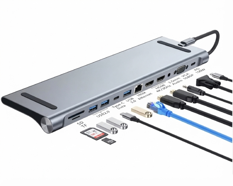 E-GREEN Multiport USB 3.1 tip C (M) - 2 x HDMI + VGA + 3 x USB 3.0 + 1 x tip C-(PD 100W) + USB 2.0 + 3.5mm + SDTF + RJ45 (F)1000 Mbps (12 u
